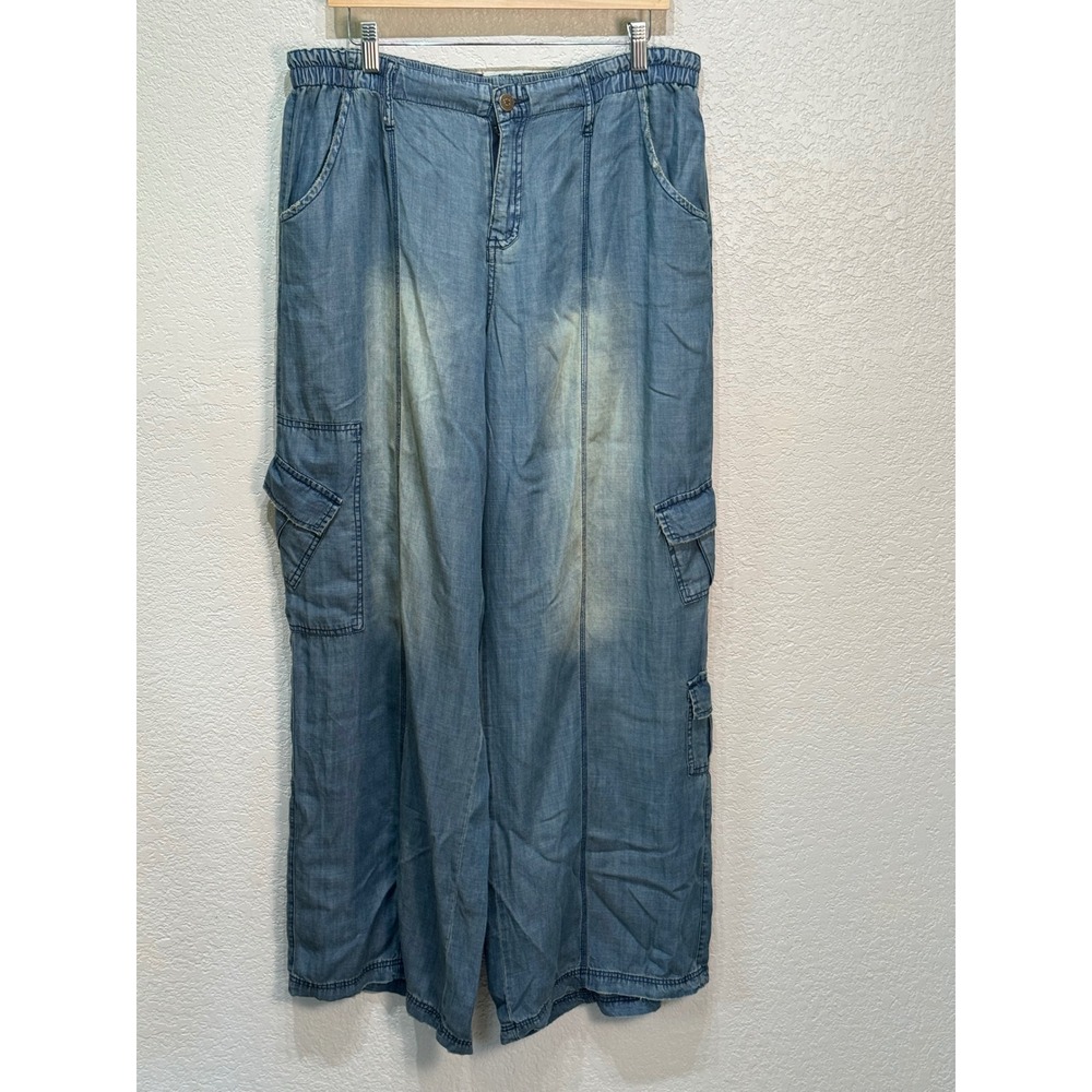 Jaded Gypsy Blue Denim Cargo Pants Women Wide Leg Elastic Waist Boho